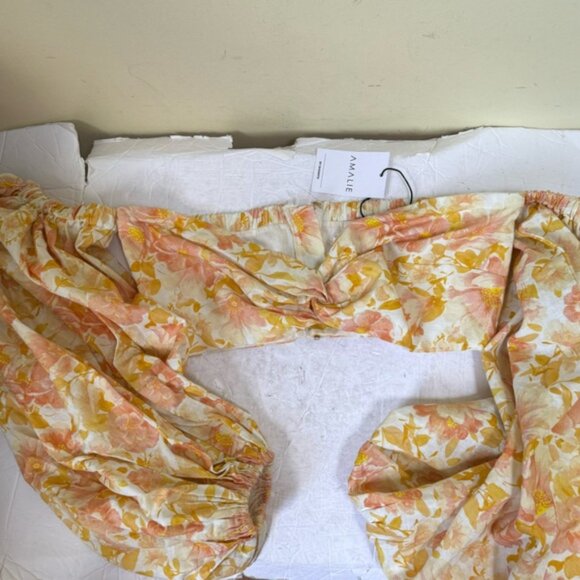 AMALIE SHOWPO NEW Emerita Linen Floral Off Shoulder Twist Crop Top Cotton 10 - Picture 9 of 16